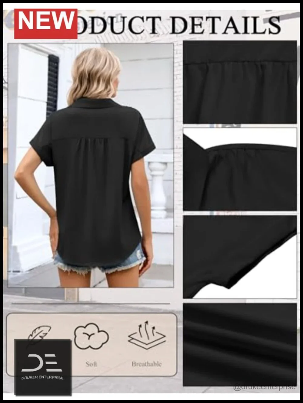 Short Sleeve V-Neck Button Down Shirt Blouse with Pocket Business Casual Top - Picture 2 of 5